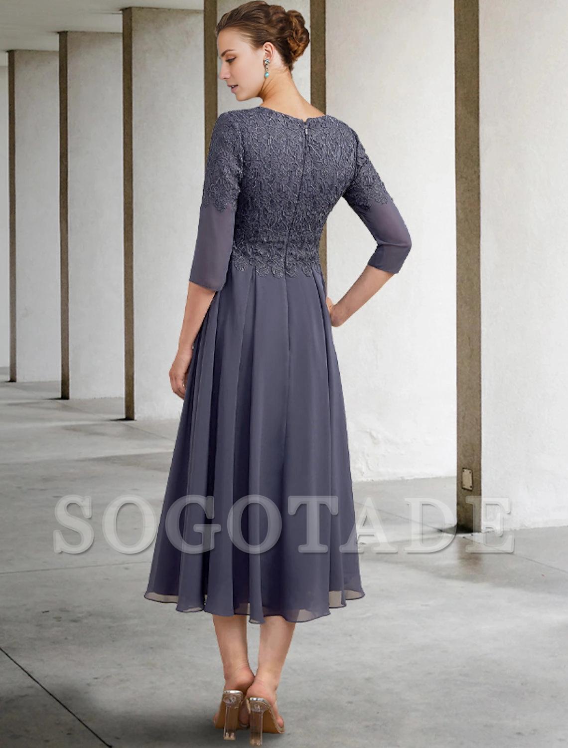 A-Line Mother of the Bride Dress Fall Wedding Guest Plus Size Elegant V Neck Tea Length Chiffon Lace 3/4 Length Sleeve with Ruffles Appliques-SOGOTADE