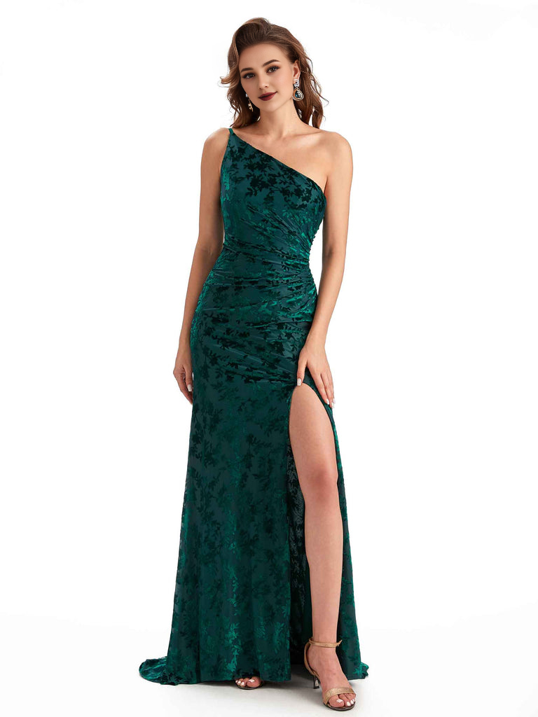 Charming Sexy One Shoulder Side Slit Mermaid Floral Velvet Long Exquis