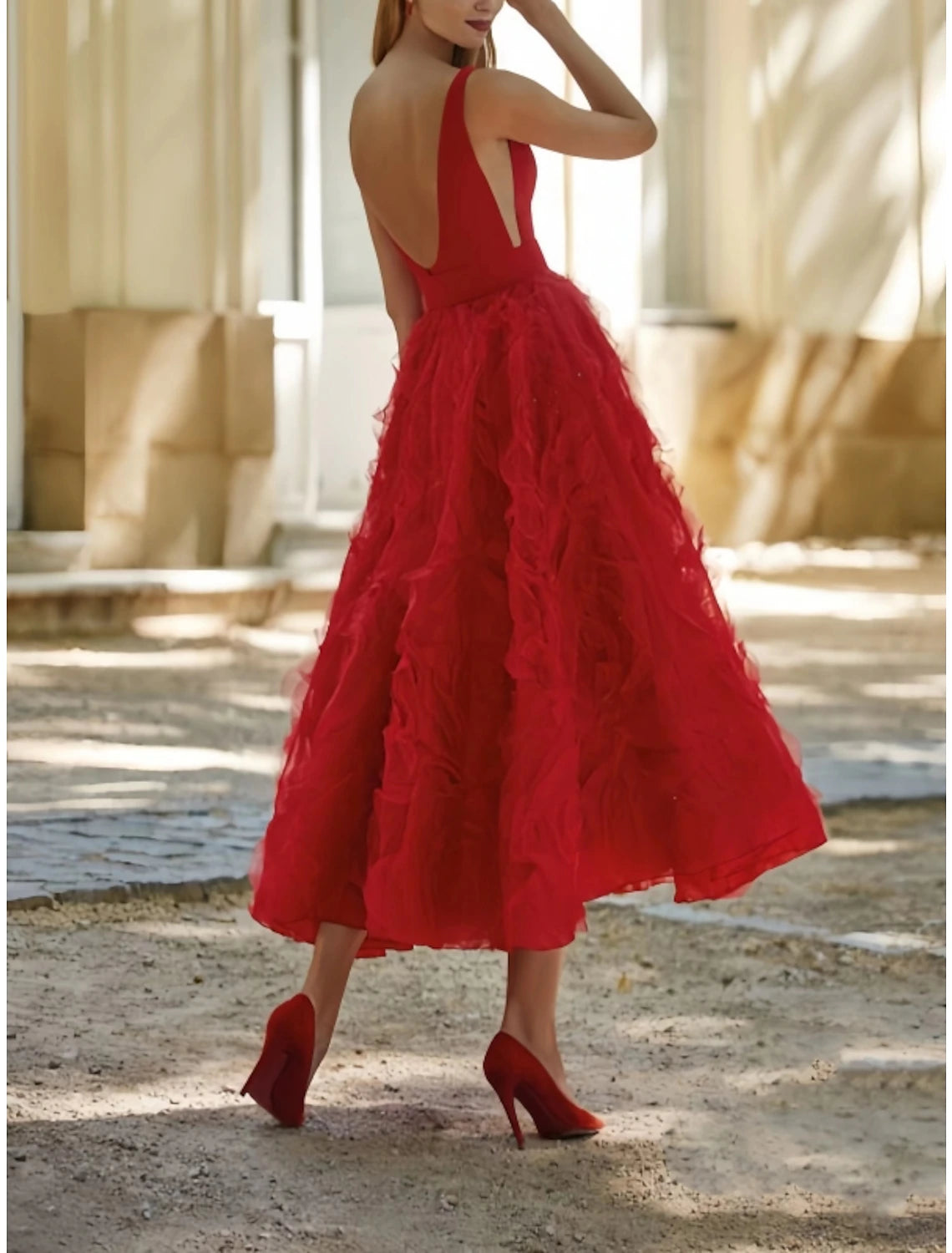 A-Line Evening Gown Backless Dress Wedding Guest Birthday Tea Length Sleeveless V Neck Belt / Sash Lace with Pleats 2024-SOGOTADE