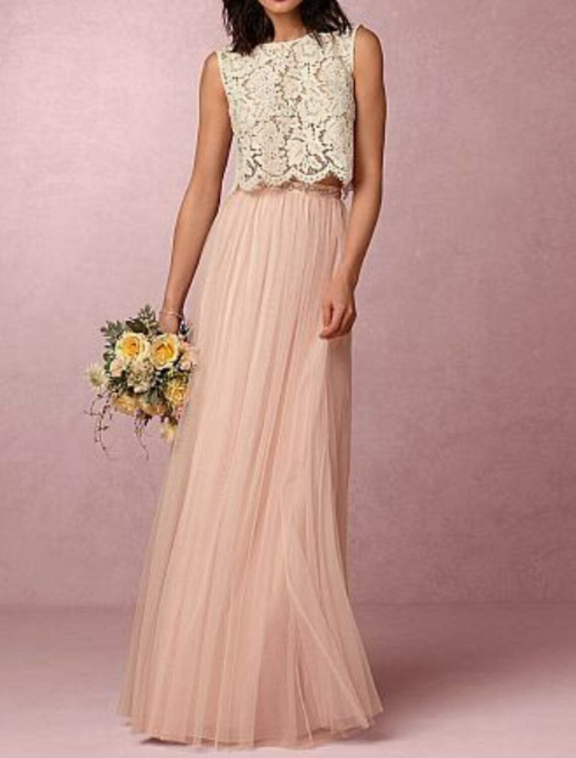 A-Line Bridesmaid Dress Jewel Neck Sleeveless Two Piece Floor Length Chiffon / Lace with Pleats-SOGOTADE