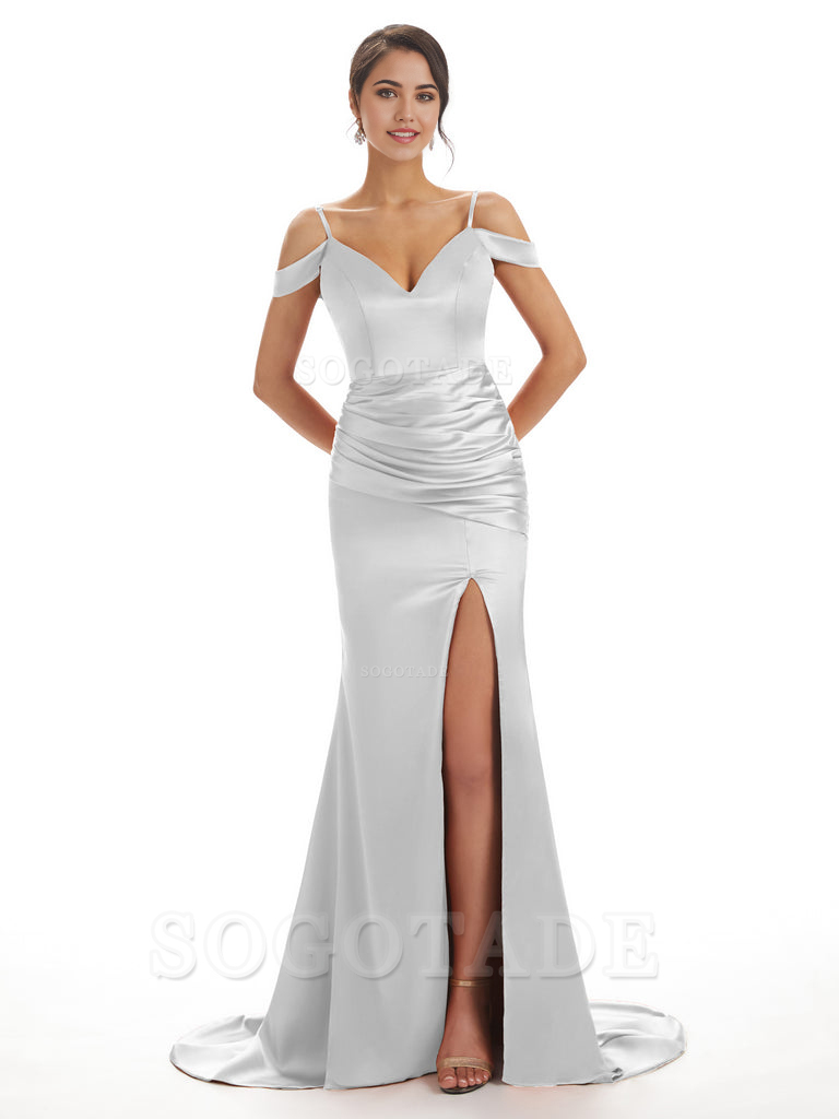 Mermaid Off The Shoulder Satin formal dresses evening gown Bridesmaid Dresses With Side Slit 