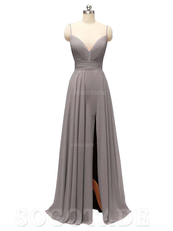 Honest Chiffon Spaghetti Straps Slit Long Bridesmaid Dresses prom shop dresses