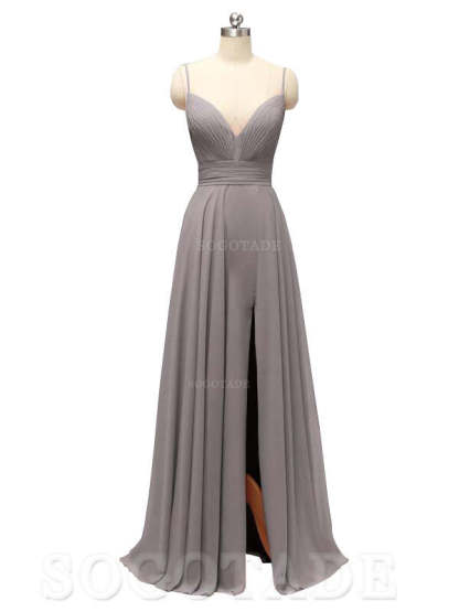 Honest Chiffon Spaghetti Straps Slit Long Bridesmaid Dresses prom shop dresses