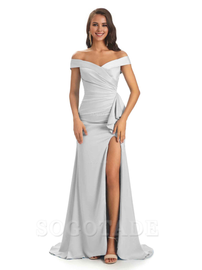 Sexy Soft Satin Side Slit Off The Shoulder Maxi Long Mermaid Bridesmaid Dresses prom shop dresses