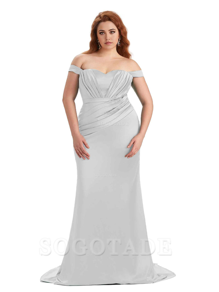 Sexy Mermaid Off The Shoulder Sweetheart Soft Satin Floor Length Long Plus Size Maid of Honor Dresses