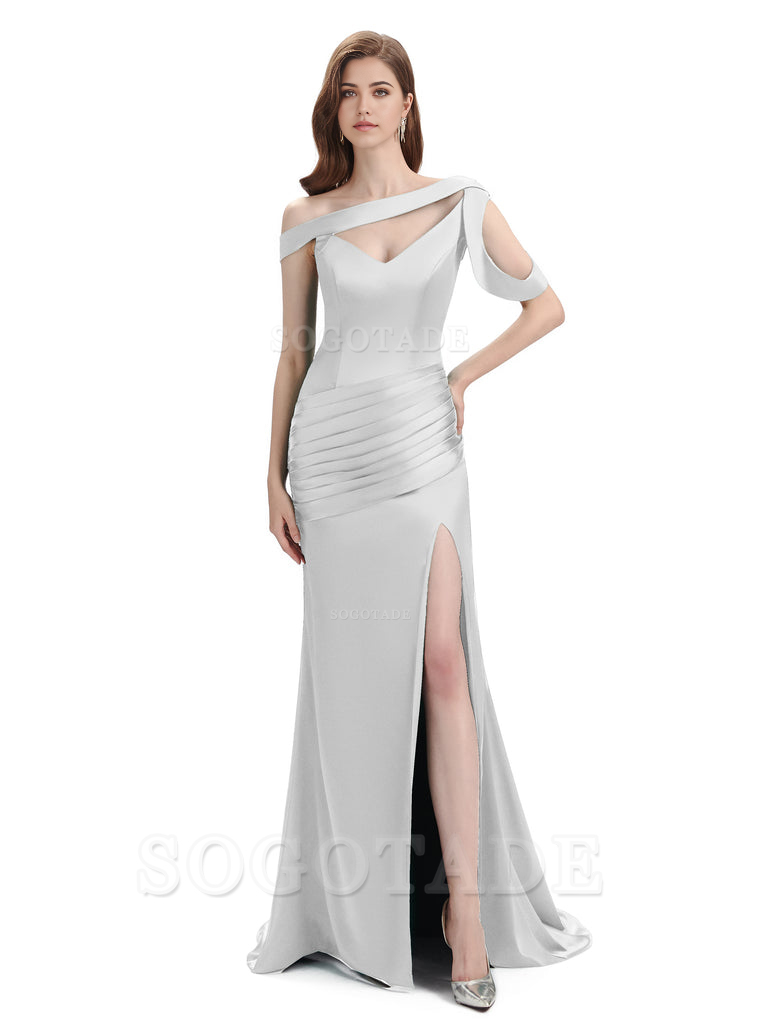 Mermaid V-Neck Satin Floor-Length formal dresses evening gown Bridesmaid Dresses With Side Slit 