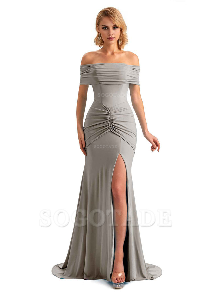Elegant Mermaid Off The Shoulder Side Slit Stretchy Jersey Long Formal Bridesmaid Dresses