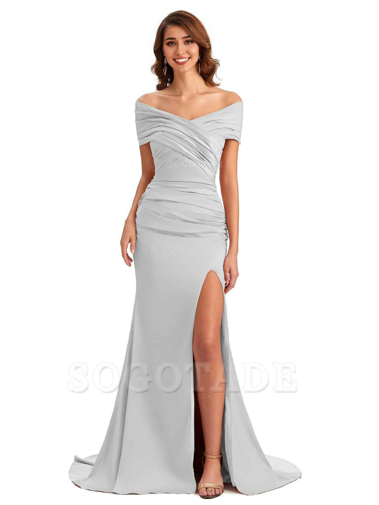 Sexy Off The Shoulder Side Slit Mermaid Satin Unique Long Formal Wedding Guest Dresses