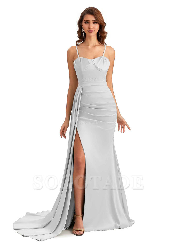 Sexy Spaghetti Straps Side Slit Mermaid Unique Long Bridesmaid Dresses In Satin