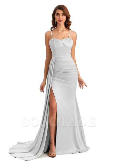 Sexy Spaghetti Straps Side Slit Mermaid Unique Long Bridesmaid Dresses In Satin