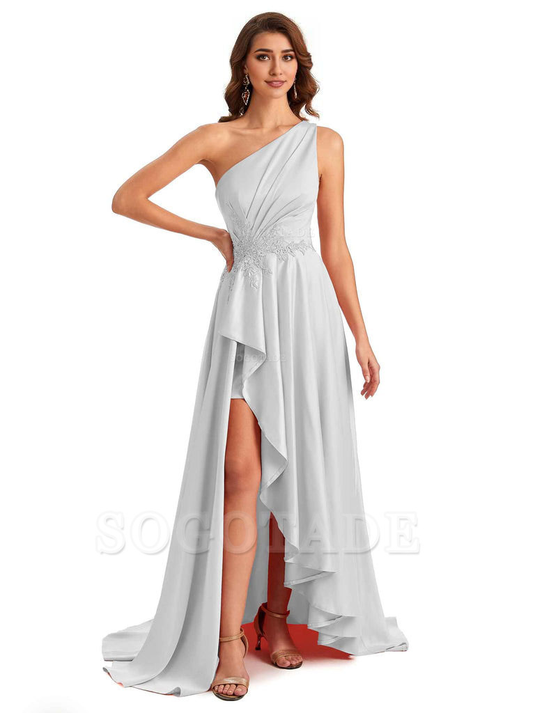 Sexy One Shoulder A-Line High Low Silky Satin Lace Long Formal Wedding Guest Dresses