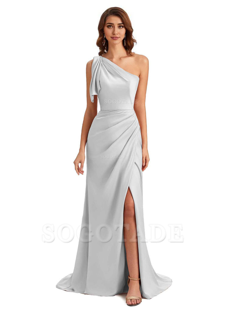 Sexy One Shoulder Mermaid Side Slit Unique Silky Satin Bridesmaid Dresses 