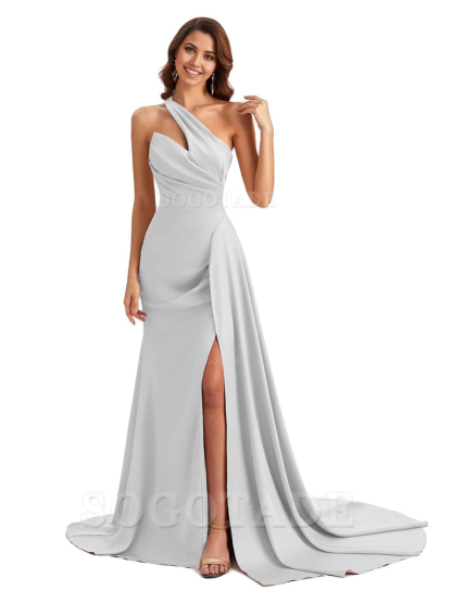 Mermaid One shoulder Satin formal dresses evening gown Bridesmaid Dresses With Side Slit 