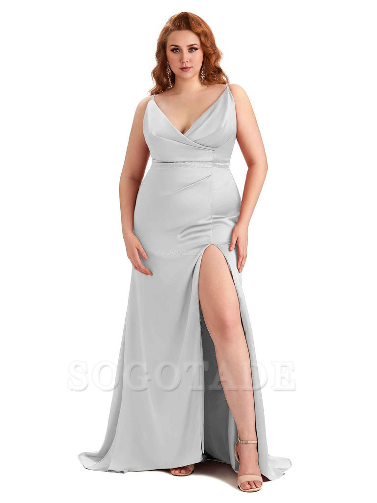 Sexy Side Slit Spaghetti Straps Mermaid Soft Satin Fashion Bridesmaid Dresses