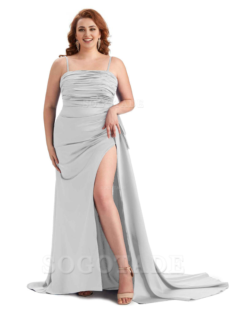Sexy Side Slit Spaghetti Straps Mermaid Soft Satin Long Plus Size Bridesmaid Dresses Online
