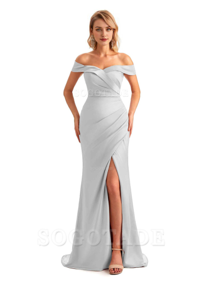 Off Shoulder Side Slit Mermaid Silky Satin Unique Long Formal Wedding Guest Dresses Online