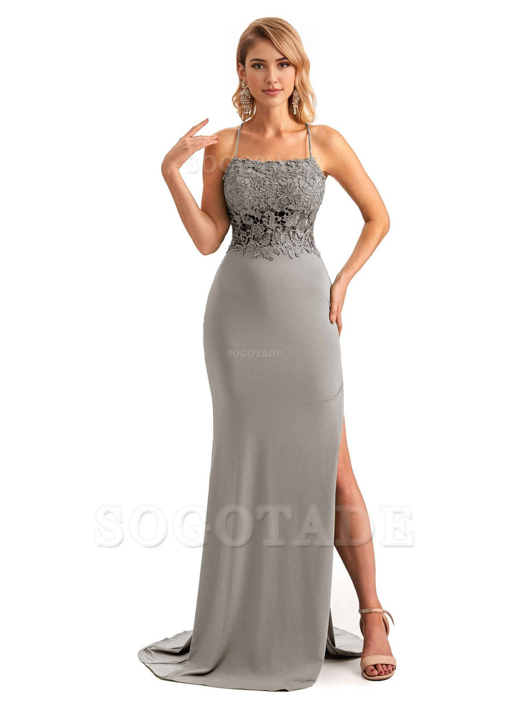 Sexy Side Slit Spaghetti Straps Open Back Mermaid Lace Applique Long Formal Bridesmaid Dresses