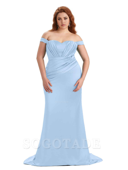 Sexy Mermaid Off The Shoulder Sweetheart Soft Satin Floor Length Long Plus Size Maid of Honor Dresses