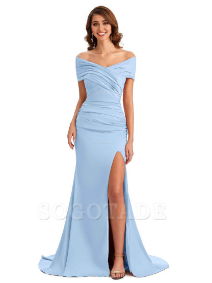 Sexy Off The Shoulder Side Slit Mermaid Satin Unique Long Formal Wedding Guest Dresses