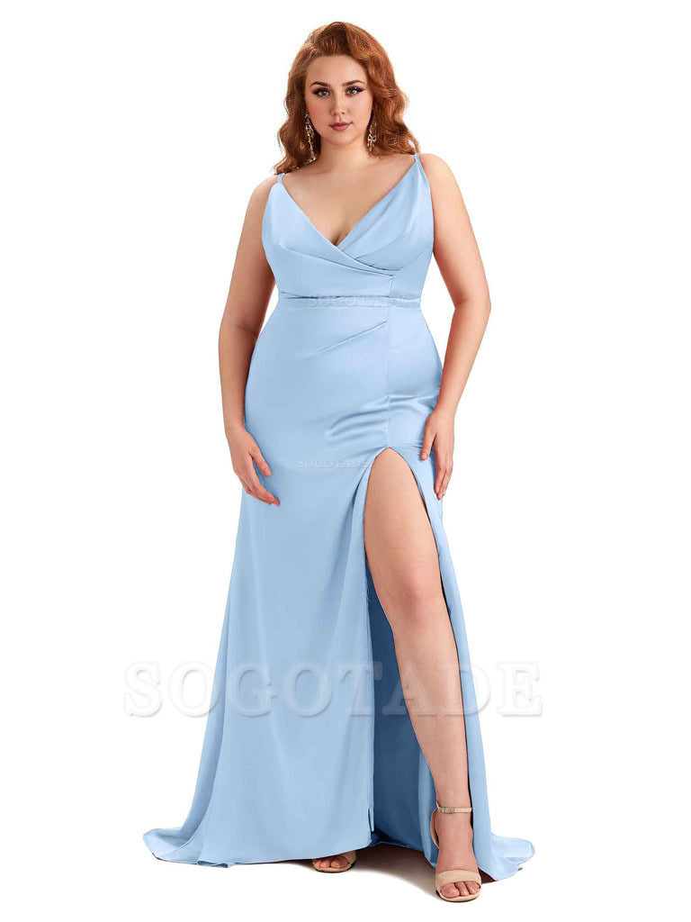 Sexy Side Slit Spaghetti Straps Mermaid Soft Satin Fashion Bridesmaid Dresses