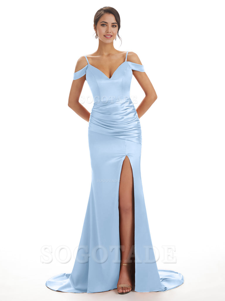 Mermaid Off The Shoulder Satin formal dresses evening gown Bridesmaid Dresses With Side Slit 