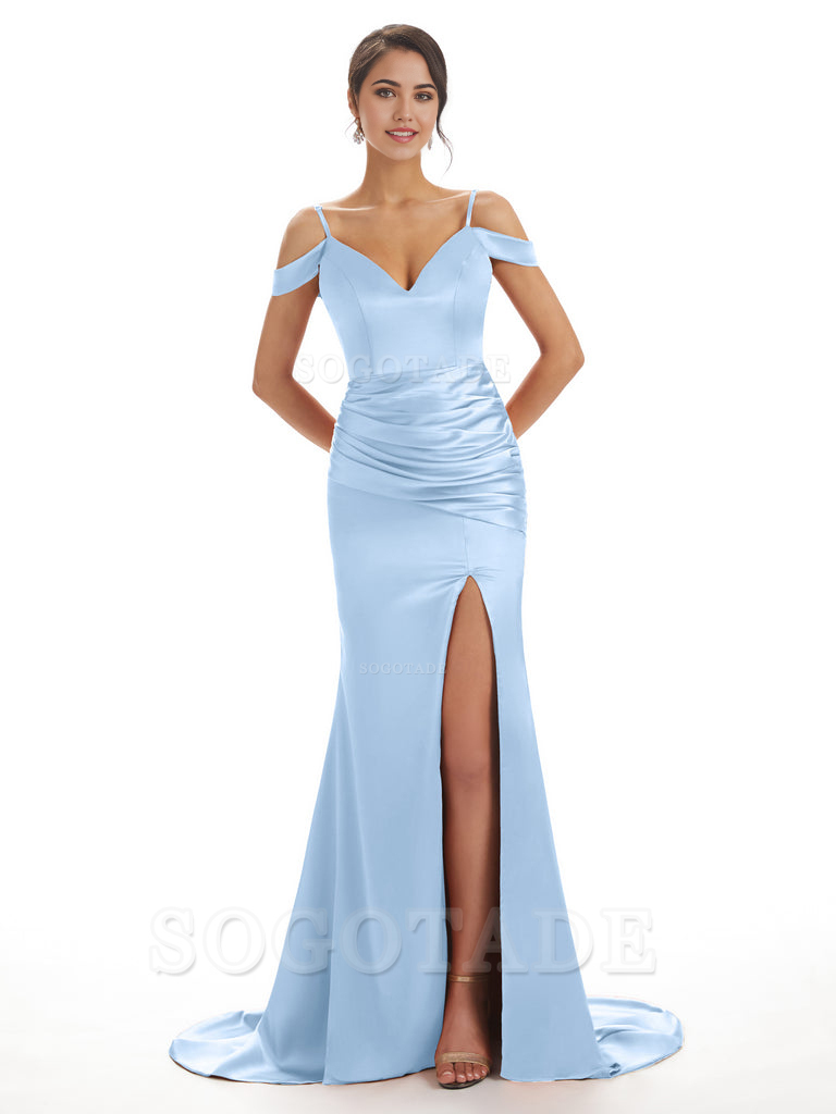 Mermaid Off The Shoulder Satin formal dresses evening gown Bridesmaid Dresses With Side Slit 