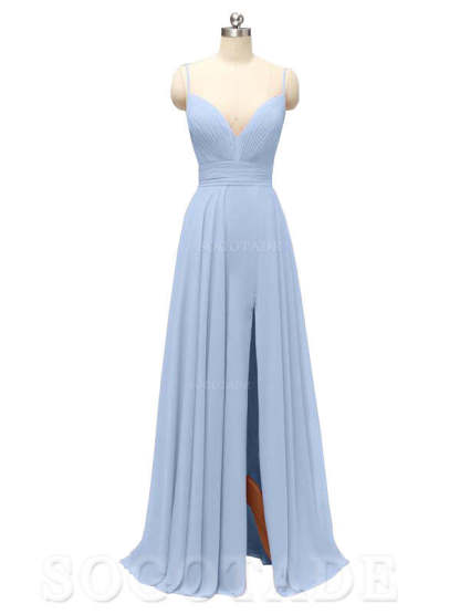 Honest Chiffon Spaghetti Straps Slit Long Bridesmaid Dresses prom shop dresses