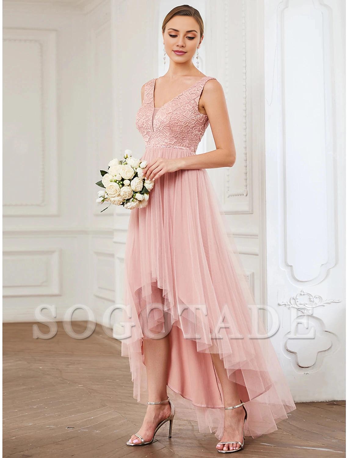 A-Line Bridesmaid Dress V Neck Sleeveless Elegant Short / Mini Lace / Tulle with Draping / Ruching-SOGOTADE