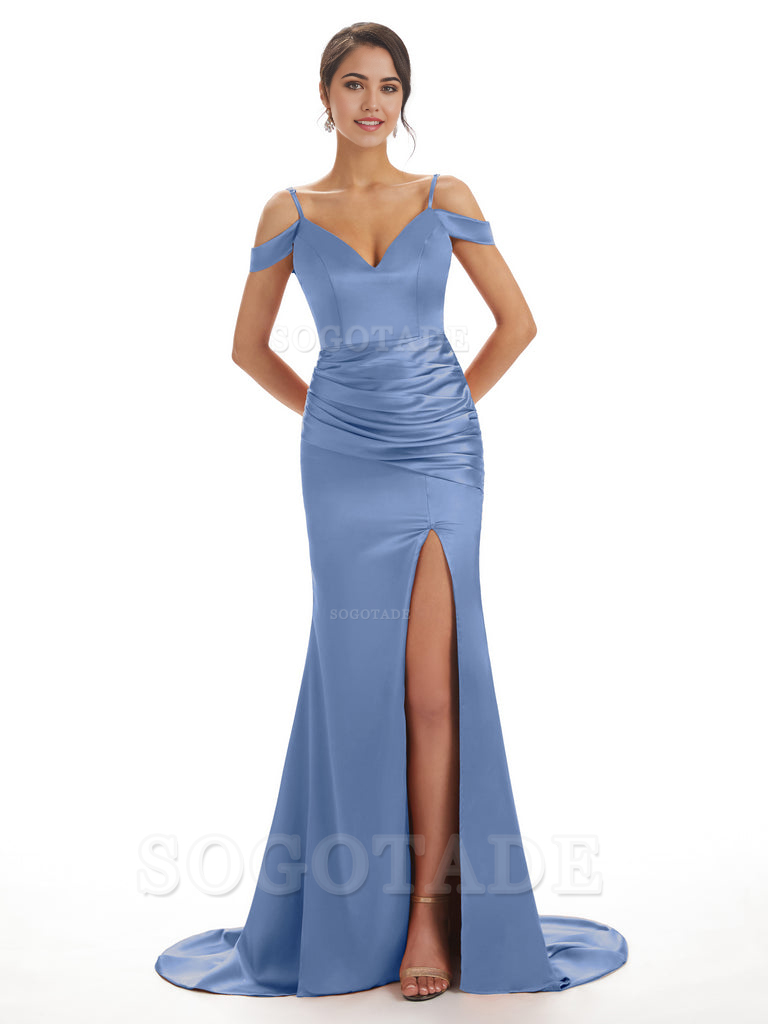 Mermaid Off The Shoulder Satin formal dresses evening gown Bridesmaid Dresses With Side Slit 