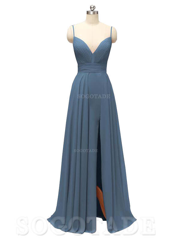 Honest Chiffon Spaghetti Straps Slit Long Bridesmaid Dresses prom shop dresses