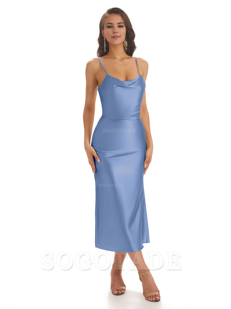 Sexy Soft Satin Spaghetti Strap Tea-Length Midi Short Bridesmaid Dresses prom shop dresses