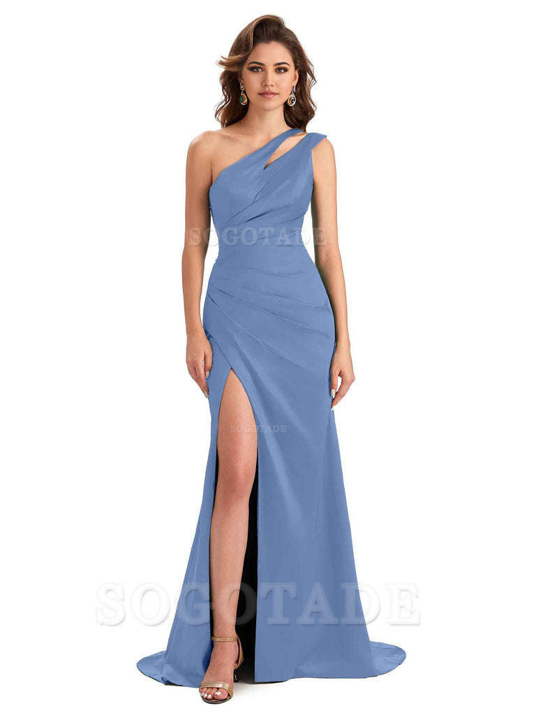 Mermaid One Shoulder Satin Sexy formal dresses evening gown Bridesmaid Dresses With Side Slit 