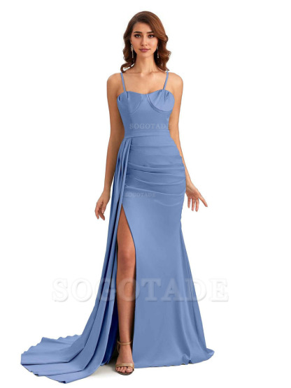 Sexy Spaghetti Straps Side Slit Mermaid Unique Long Bridesmaid Dresses In Satin