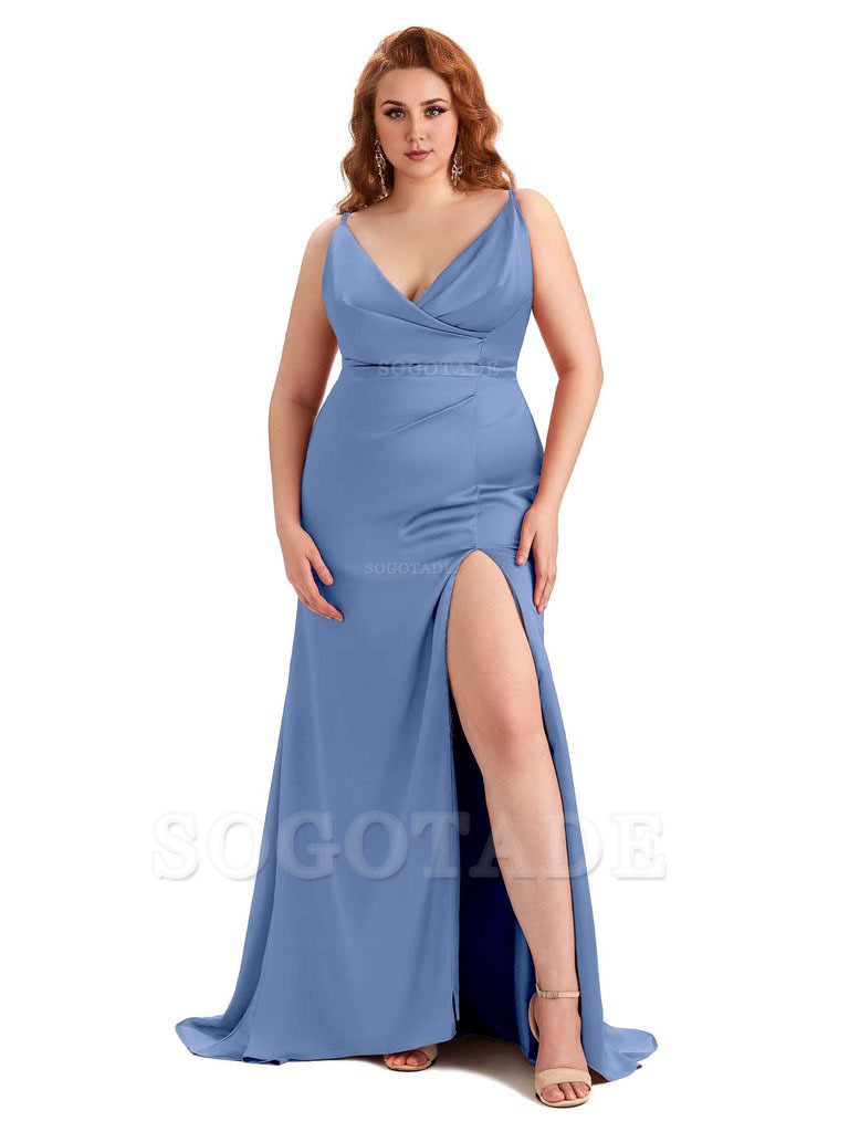 Sexy Side Slit Spaghetti Straps Mermaid Soft Satin Fashion Bridesmaid Dresses