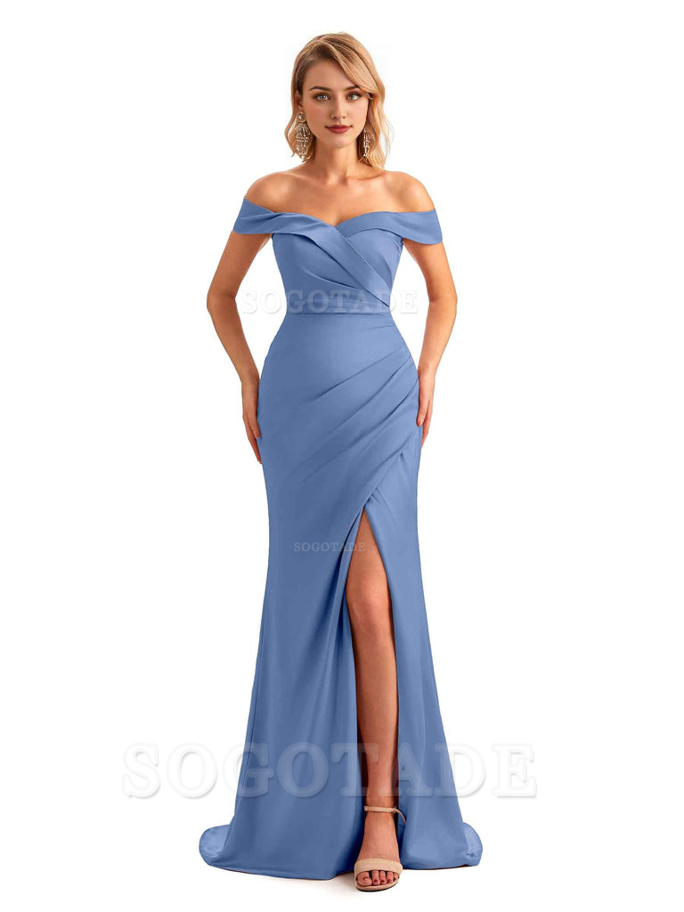 Off Shoulder Side Slit Mermaid Silky Satin Unique Long Formal Wedding Guest Dresses Online