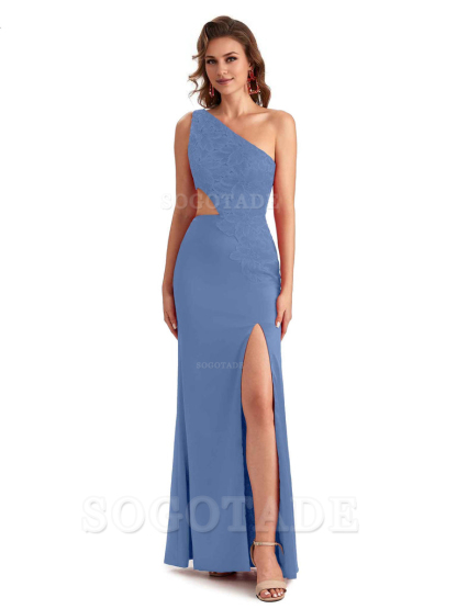 Sexy Side Slit Mermaid Lace Silky Satin One Shoulder Chic Long Bridesmaid Dresses