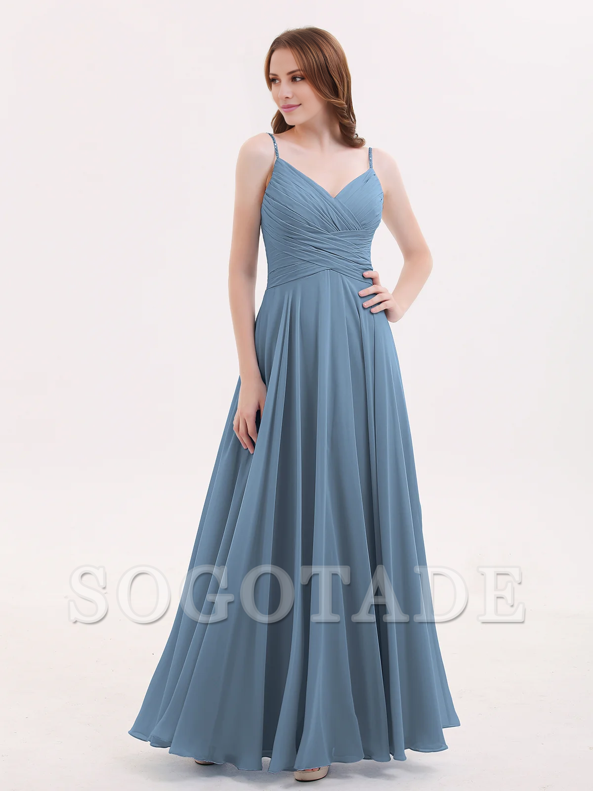 V-neck Fine Shoulder Strap Floor Length Chiffon Bridesmaid Dresses Online