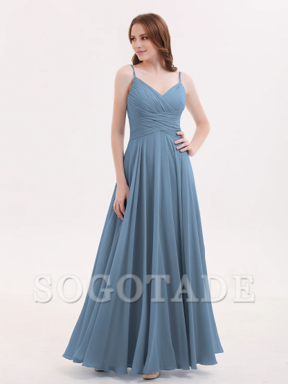 V-neck Fine Shoulder Strap Floor Length Chiffon Bridesmaid Dresses Online