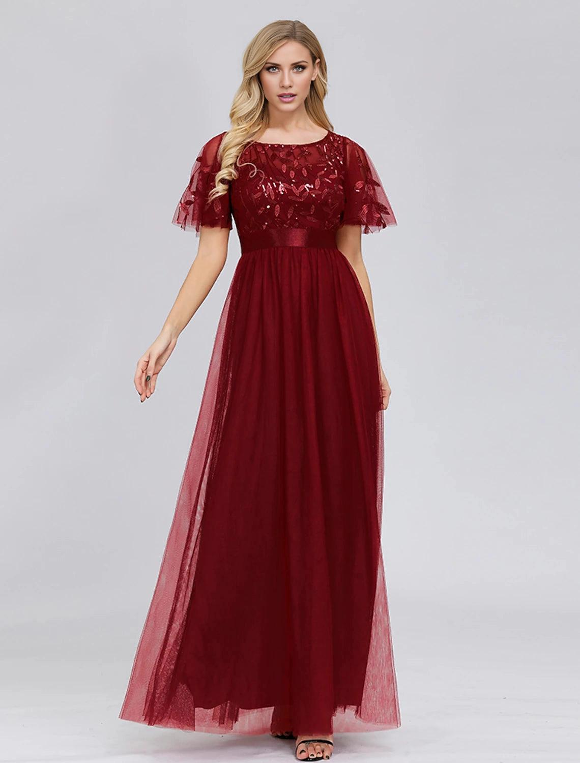 A-Line Empire Elegant Party Wear Prom Dress Jewel Neck Short Sleeve Floor Length Tulle with Embroidery-SOGOTADE