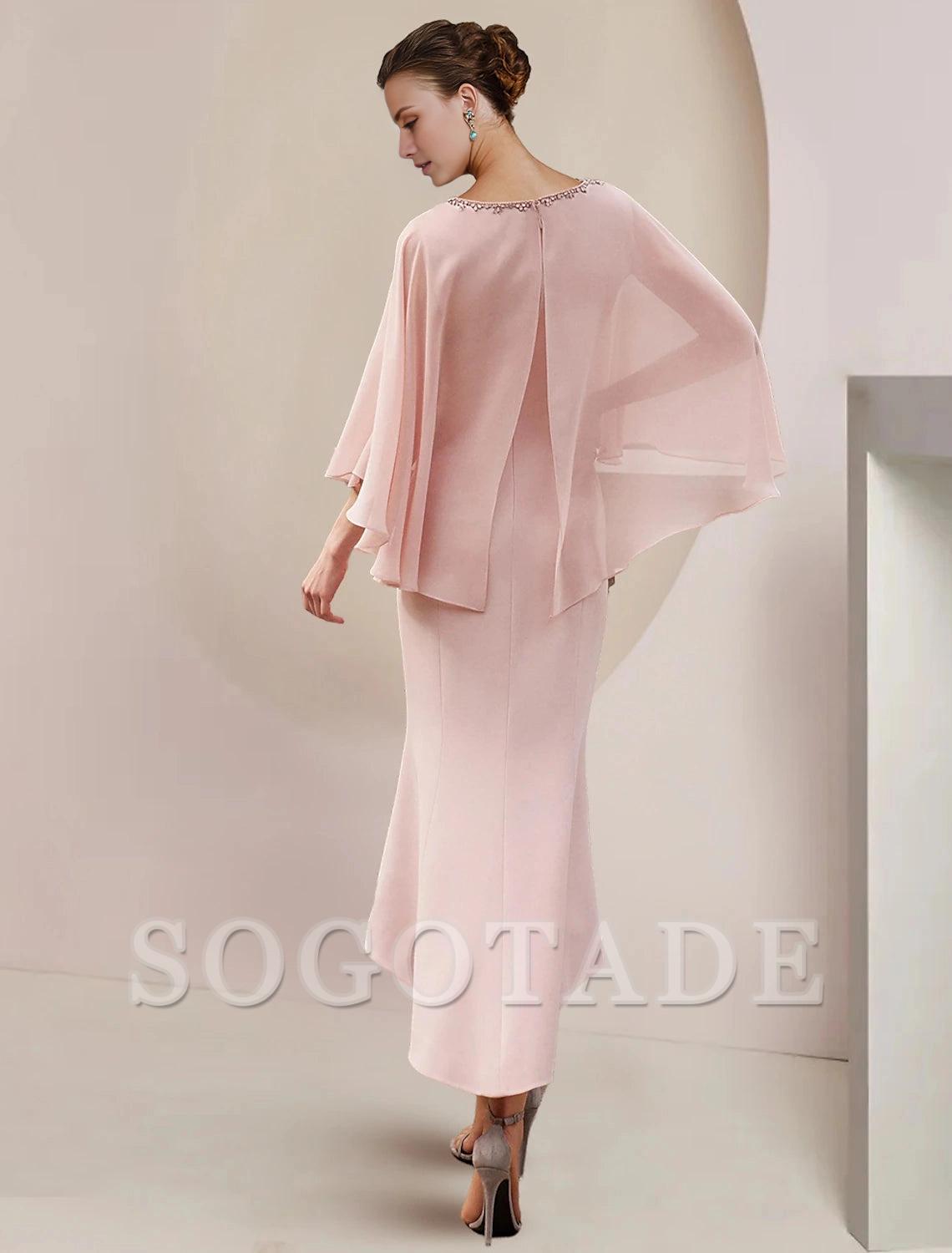 Mermaid / Trumpet Mother of the Bride Dress Formal Wedding Guest Party Vintage Elegant Scoop Neck Asymmetrical Tea Length Chiffon Sleeveless with Beading