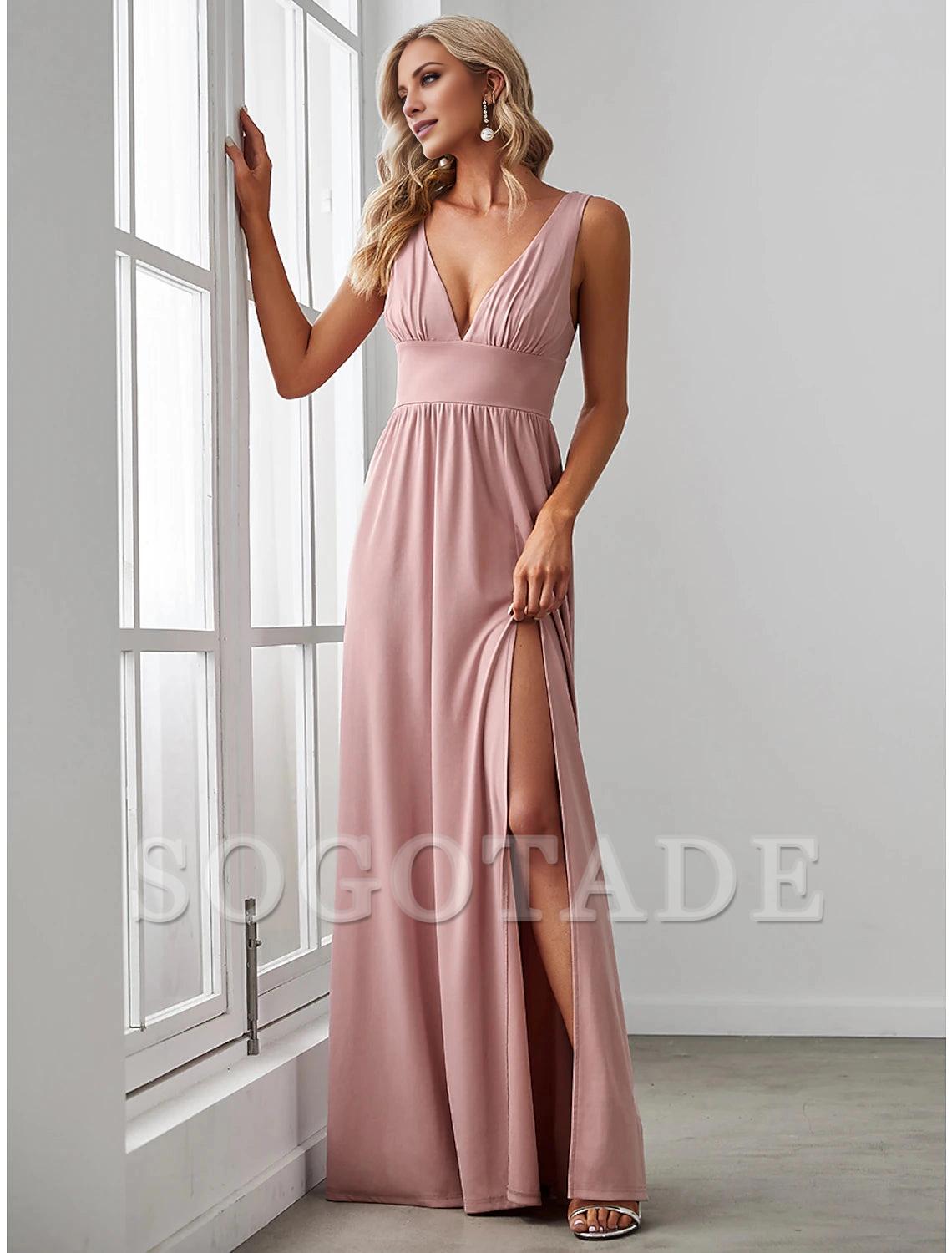 A-Line Prom Party Dress High Split Dress Wedding Guest Formal Evening Floor Length Sleeveless V Neck Bridesmaid Dress Chiffon V Back with Slit Pure Color