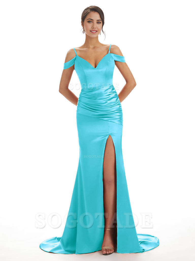 Mermaid Off The Shoulder Satin formal dresses evening gown Bridesmaid Dresses With Side Slit 