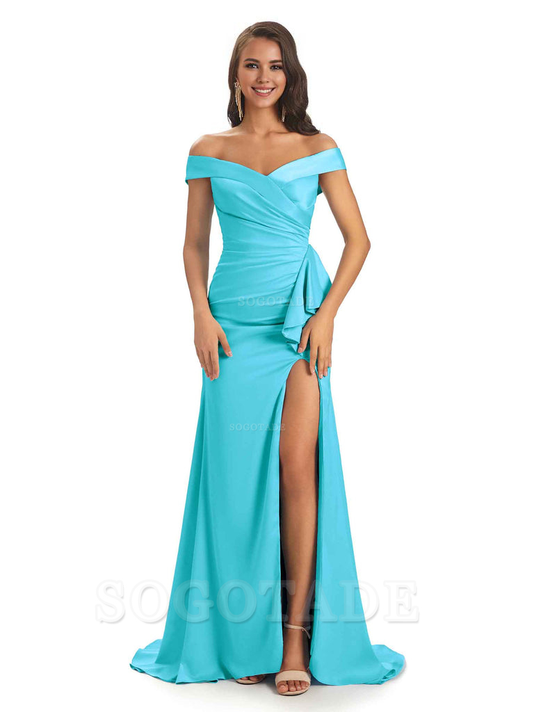 Sexy Soft Satin Side Slit Off The Shoulder Maxi Long Mermaid Bridesmaid Dresses prom shop dresses