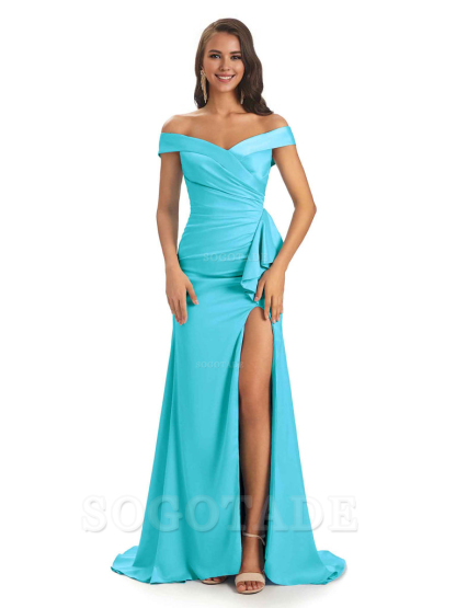 Sexy Soft Satin Side Slit Off The Shoulder Maxi Long Mermaid Bridesmaid Dresses prom shop dresses