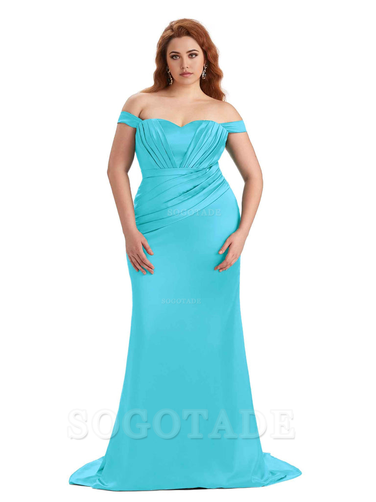 Sexy Mermaid Off The Shoulder Sweetheart Soft Satin Floor Length Long Plus Size Maid of Honor Dresses