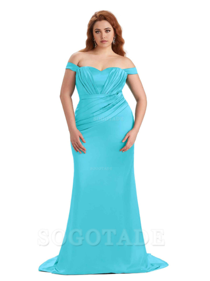 Sexy Mermaid Off The Shoulder Sweetheart Soft Satin Floor Length Long Plus Size Maid of Honor Dresses