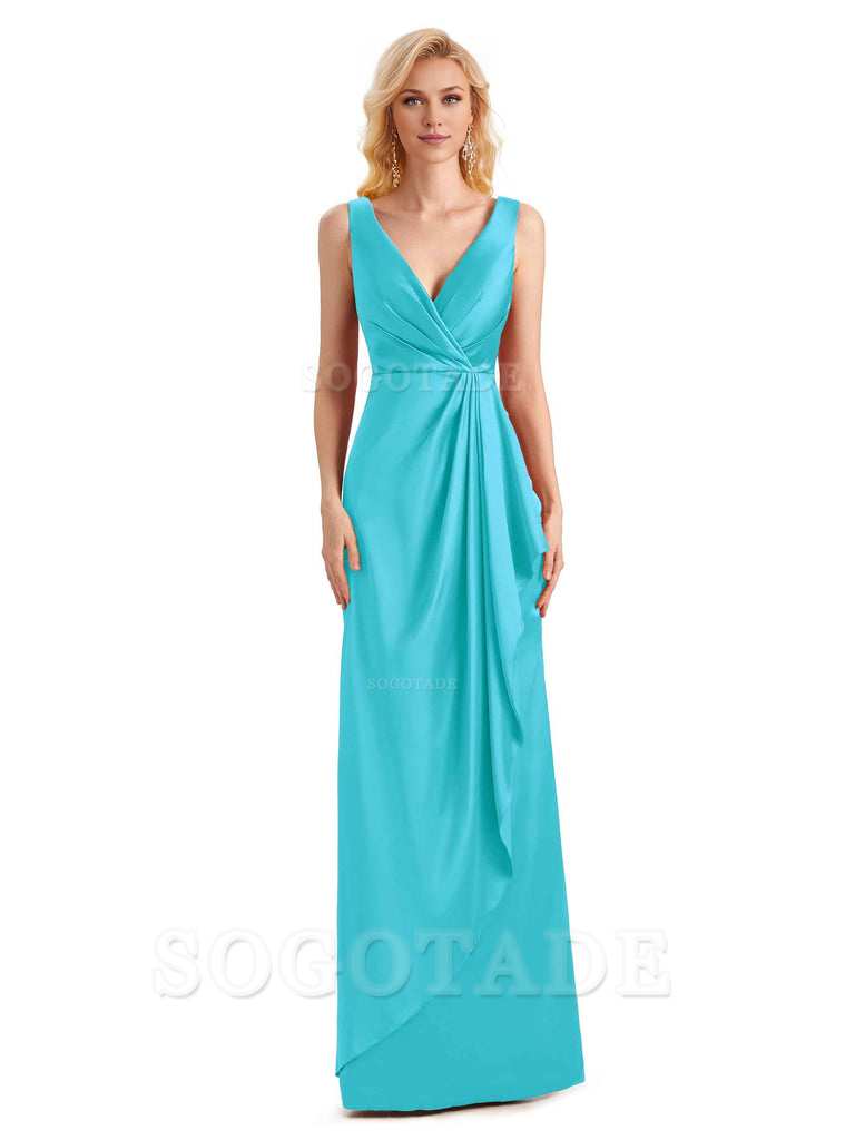 V Neck Elegant Soft Satin Formal Long Maid Bridesmaid Dresses Formal Wear Dresses