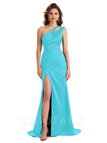 Mermaid One Shoulder Satin Sexy formal dresses evening gown Bridesmaid Dresses With Side Slit 