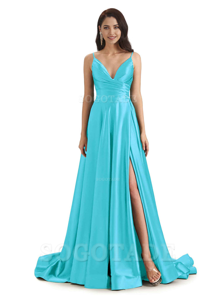 Spaghetti Straps Satin formal dresses evening gown Bridesmaid Dresses With Side Slit 