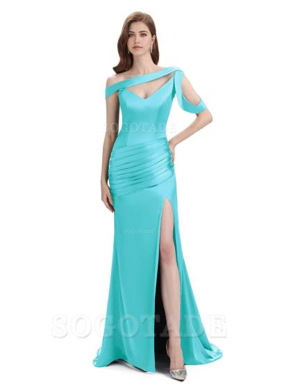 Mermaid V-Neck Satin Floor-Length formal dresses evening gown Bridesmaid Dresses With Side Slit 